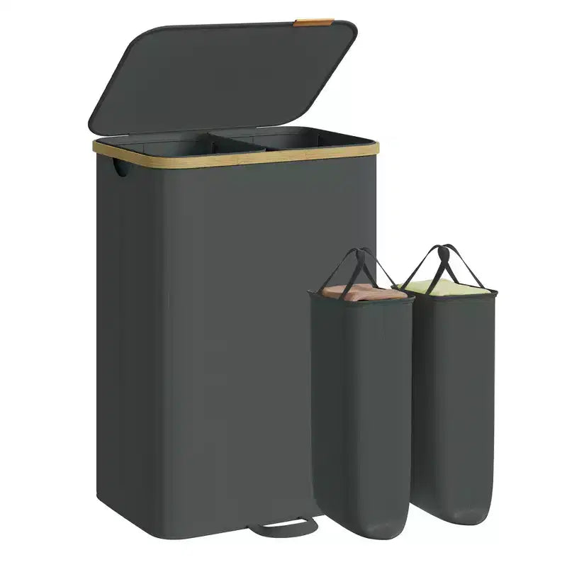 SONGMICS Panier à Linge, Trieur de Linge avec Couvercle, Bac de Rangement, Sacs Amovibles, Cadre en Bambou, 2 Sections, 150 L