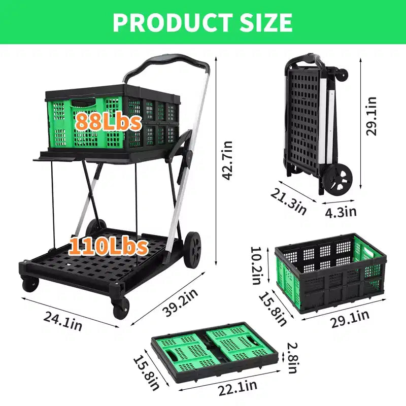 Chariot de courses pliable avec 1 caisse de rangement, chariot d'épicerie pliable à roulettes