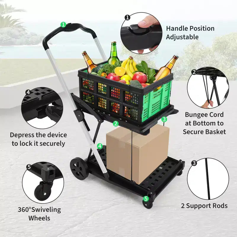 Chariot de courses pliable avec 1 caisse de rangement, chariot d'épicerie pliable à roulettes