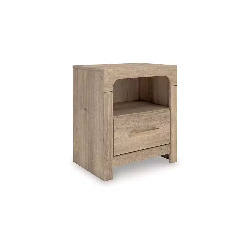 Signature Design by Ashley Prandefort Table de chevet à un tiroir avec étagère ouverte et chargement USB, grain de chêne répliqué, finition marron clair