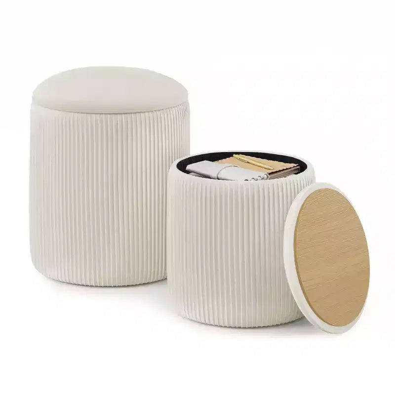 SONGMICS Vanity Stool, Set of 2, Round Storage Ottoman, Small Ottoman Coffee Table, Foot Stool, Removable Lid, Easy Assembly, Velvet, Cream White