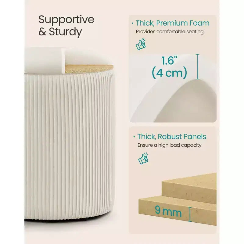 SONGMICS Tabouret de Coiffeuse, Lot de 2, Pouf Rond de Rangement, Petite Table Basse Pouf, Repose-Pieds, Couvercle Amovible, Assemblage Facile, Velours, Blanc Crème