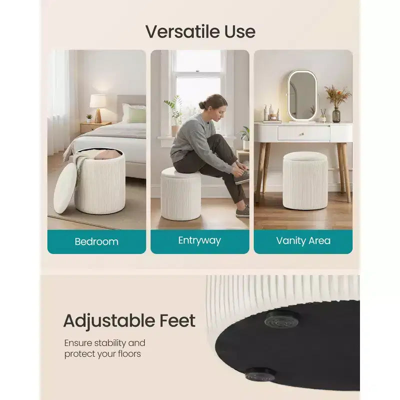 SONGMICS Tabouret de Coiffeuse, Lot de 2, Pouf Rond de Rangement, Petite Table Basse Pouf, Repose-Pieds, Couvercle Amovible, Assemblage Facile, Velours, Blanc Crème
