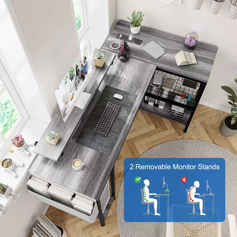 Bureau d'angle en L, Bureau de jeu réversible avec support d'écran et étagères de rangement, pour la maison, Bureau d'ordinateur