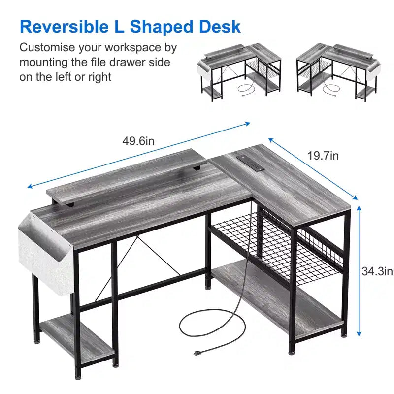 Bureau d'angle en L, Bureau de jeu réversible avec support d'écran et étagères de rangement, pour la maison, Bureau d'ordinateur