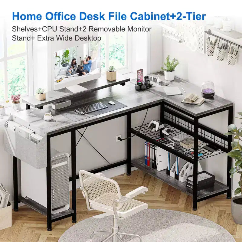 Bureau d'angle en L, Bureau de jeu réversible avec support d'écran et étagères de rangement, pour la maison, Bureau d'ordinateur
