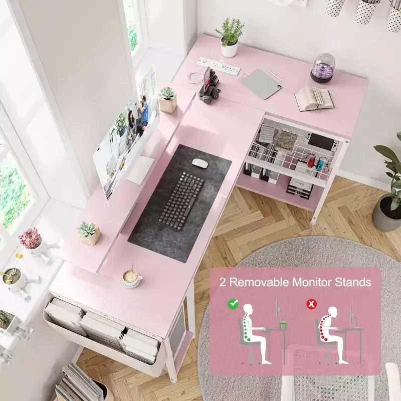 Bureau d'angle en L, Bureau de jeu réversible avec support d'écran et étagères de rangement, pour la maison, Bureau d'ordinateur