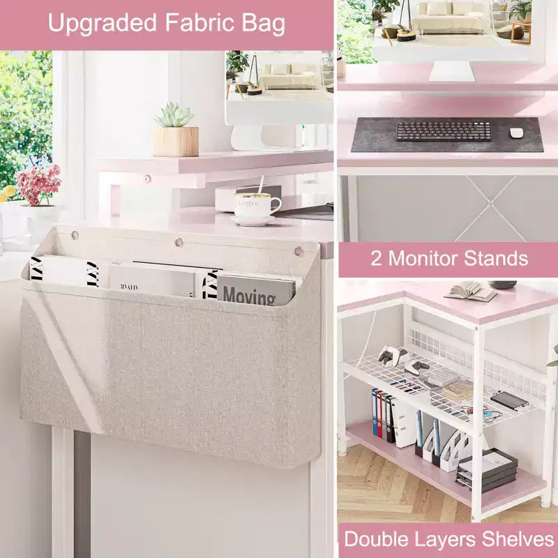 Bureau d'angle en L, Bureau de jeu réversible avec support d'écran et étagères de rangement, pour la maison, Bureau d'ordinateur