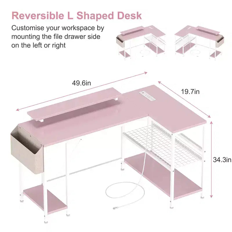 Bureau d'angle en L, Bureau de jeu réversible avec support d'écran et étagères de rangement, pour la maison, Bureau d'ordinateur
