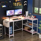 Bureau d'angle en L, Bureau de jeu réversible avec support d'écran et étagères de rangement, pour la maison, Bureau d'ordinateur