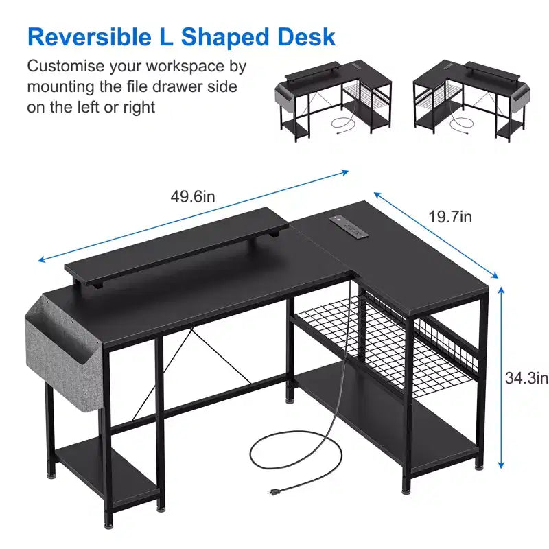 Bureau d'angle en L, Bureau de jeu réversible avec support d'écran et étagères de rangement, pour la maison, Bureau d'ordinateur
