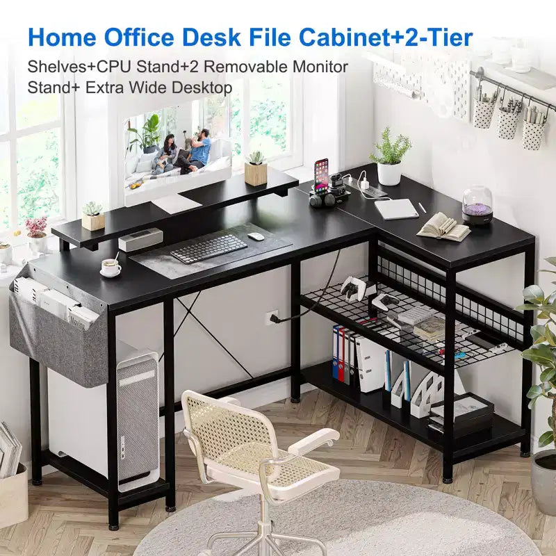 Bureau d'angle en L, Bureau de jeu réversible avec support d'écran et étagères de rangement, pour la maison, Bureau d'ordinateur
