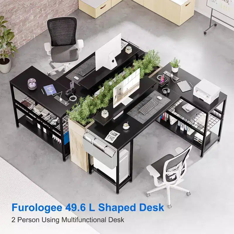 Bureau d'angle en L, Bureau de jeu réversible avec support d'écran et étagères de rangement, pour la maison, Bureau d'ordinateur