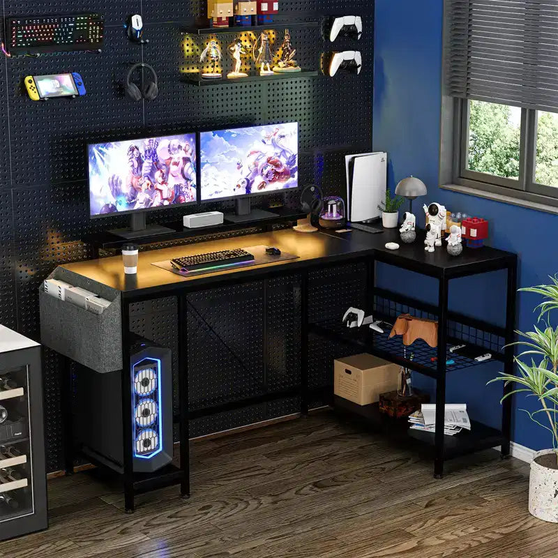 Bureau d'angle en L, Bureau de jeu réversible avec support d'écran et étagères de rangement, pour la maison, Bureau d'ordinateur