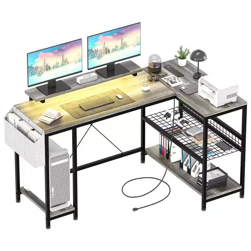 Bureau d'angle en L, Bureau de jeu réversible avec support d'écran et étagères de rangement, pour la maison, Bureau d'ordinateur