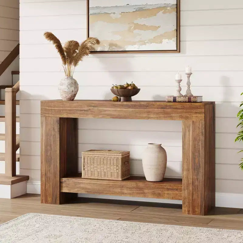 Console de ferme, longue table de canapé à 2 niveaux avec rangement ouvert, table d'appoint en bois pour entrée, salon, couloir ou hall