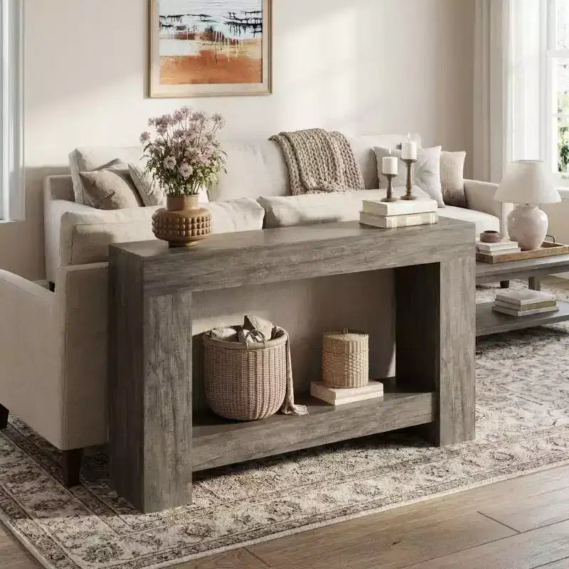 Console de ferme, longue table de canapé à 2 niveaux avec rangement ouvert, table d'appoint en bois pour entrée, salon, couloir ou hall