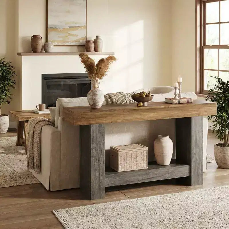 Console de ferme, longue table de canapé à 2 niveaux avec rangement ouvert, table d'appoint en bois pour entrée, salon, couloir ou hall