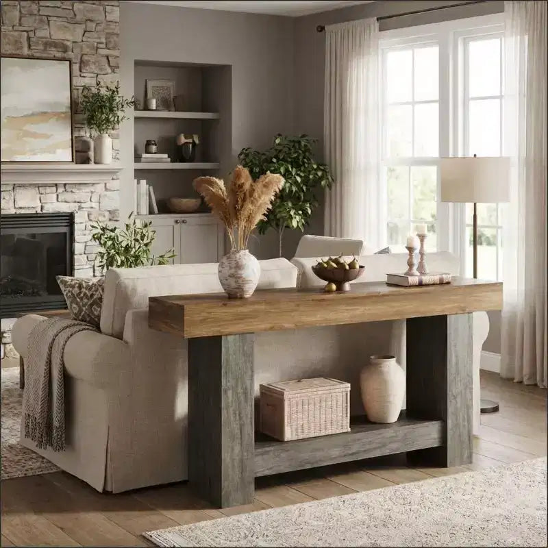 Console de ferme, longue table de canapé à 2 niveaux avec rangement ouvert, table d'appoint en bois pour entrée, salon, couloir ou hall