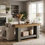 Console de ferme, longue table de canapé à 2 niveaux avec rangement ouvert, table d'appoint en bois pour entrée, salon, couloir ou hall
