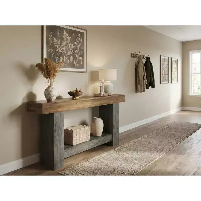 Console de ferme, longue table de canapé à 2 niveaux avec rangement ouvert, table d'appoint en bois pour entrée, salon, couloir ou hall