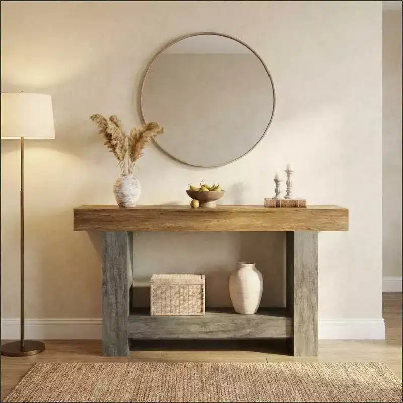 Console de ferme, longue table de canapé à 2 niveaux avec rangement ouvert, table d'appoint en bois pour entrée, salon, couloir ou hall