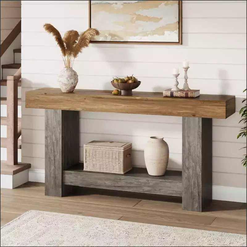 Farmhouse Console Table, 2-Tier Long Sofa Table with Open Storage, Wooden Entryway Accent Table for Entrance, Living Room, Hallway, or Foyer