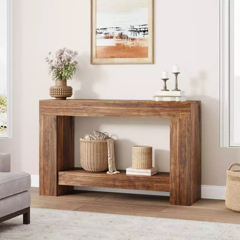 Console de ferme, longue table de canapé à 2 niveaux avec rangement ouvert, table d'appoint en bois pour entrée, salon, couloir ou hall