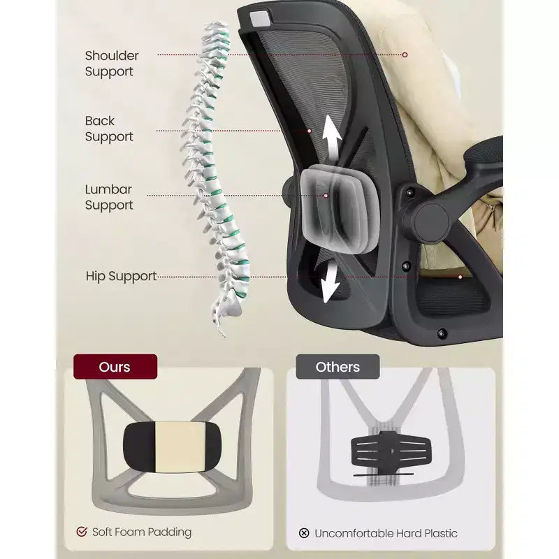 VASAGLE Chaise de Bureau Ergonomique en Maille avec Support Lombaire Réglable, Fonction d'Inclinaison 90-105°, Siège Large, Accoudoirs Relevables