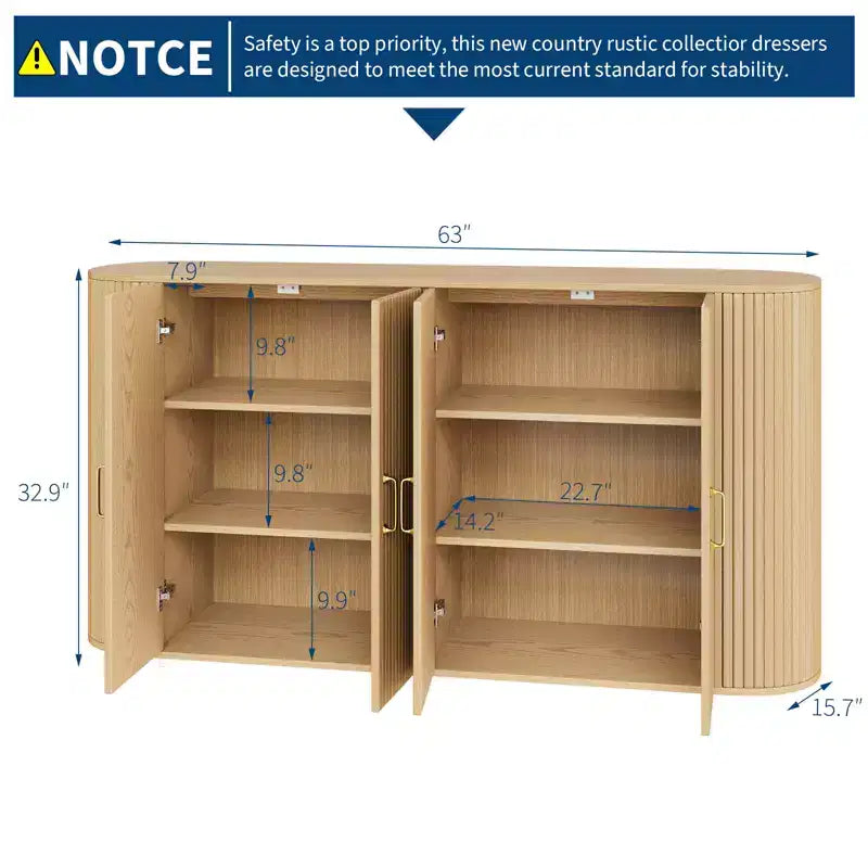 COZONY 63 Fluted Sideboard Buffet Cabinet with Storage, Modern Credenza with Adjustable Shelves & Curved Edge for Dining Room