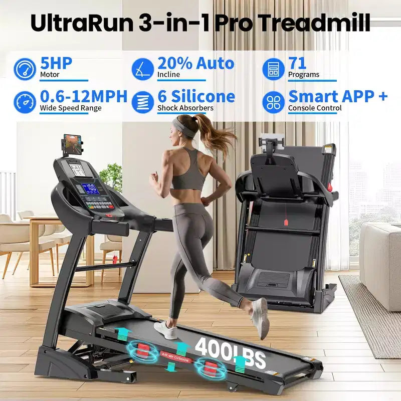 Tapis de course pliable portable de 180 kg, 19 km/h, 5 CV, avec inclinaison de 20 % pour la maison ou le bureau, contrôle par application, tapis de course pour la marche et la course à pied avec sangle de genou