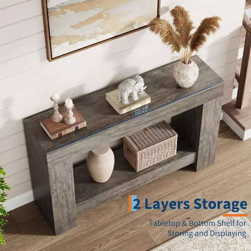 Long Farmhouse Console Table, 2-Tier Large Sofa Table with Storage for Living Room, Entryway & Hallway, Rustic Wood Entry Table for Entrance