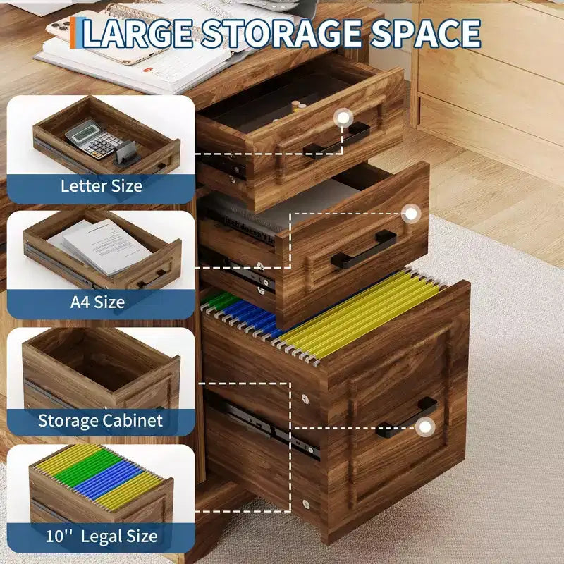 Bureau en bois de 58 pouces de large avec classeur et tiroirs de rangement - Table d'ordinateur multifonctionnelle pour chambre, salle de jeux et bureau