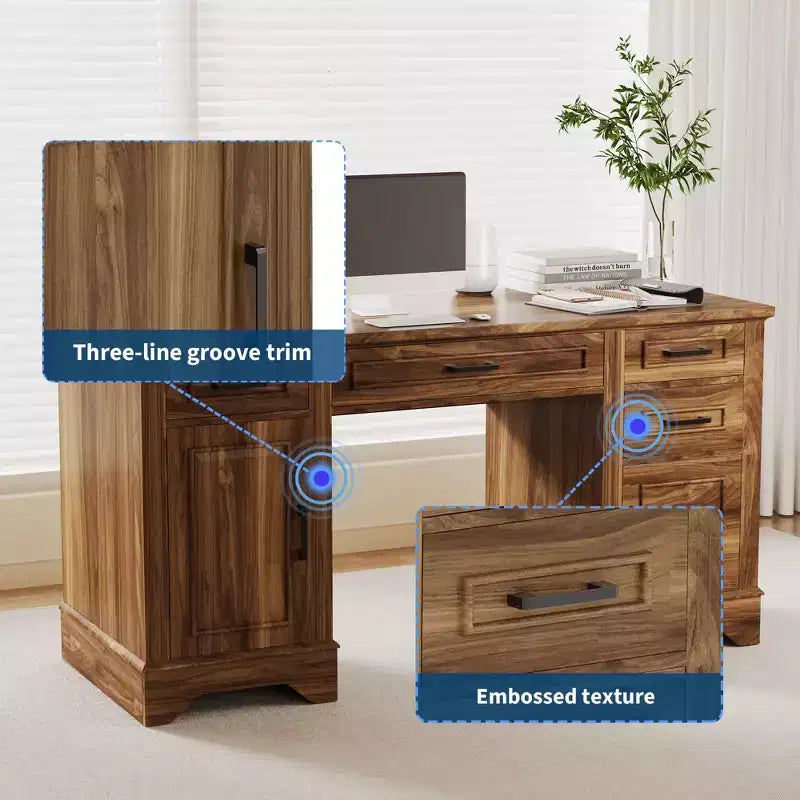 Bureau en bois de 58 pouces de large avec classeur et tiroirs de rangement - Table d'ordinateur multifonctionnelle pour chambre, salle de jeux et bureau