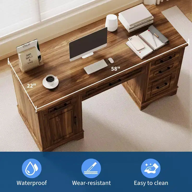 Bureau en bois de 58 pouces de large avec classeur et tiroirs de rangement - Table d'ordinateur multifonctionnelle pour chambre, salle de jeux et bureau