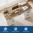 Bureau en bois de 58 pouces de large avec classeur et tiroirs de rangement - Table d'ordinateur multifonctionnelle pour chambre, salle de jeux et bureau