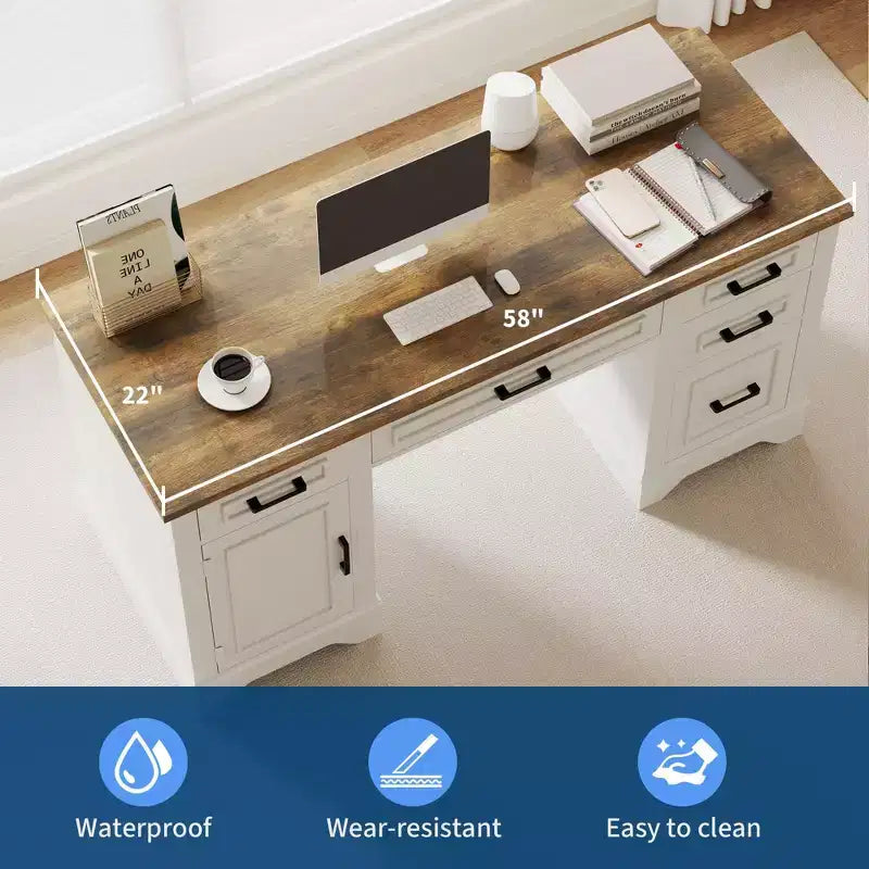 Bureau en bois de 58 pouces de large avec classeur et tiroirs de rangement - Table d'ordinateur multifonctionnelle pour chambre, salle de jeux et bureau
