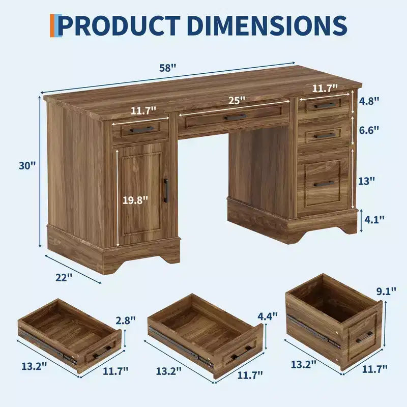 Bureau en bois de 58 pouces de large avec classeur et tiroirs de rangement - Table d'ordinateur multifonctionnelle pour chambre, salle de jeux et bureau