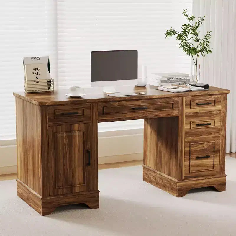Bureau en bois de 58 pouces de large avec classeur et tiroirs de rangement - Table d'ordinateur multifonctionnelle pour chambre, salle de jeux et bureau
