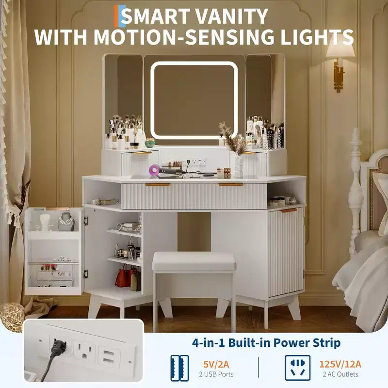 Corner Vanity Desk with Glass Top, Modern Fluted Makeup Table with Mirror & Chair, Space-Saving for Bedroom