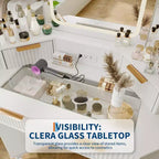 Corner Vanity Desk with Glass Top, Modern Fluted Makeup Table with Mirror & Chair, Space-Saving for Bedroom