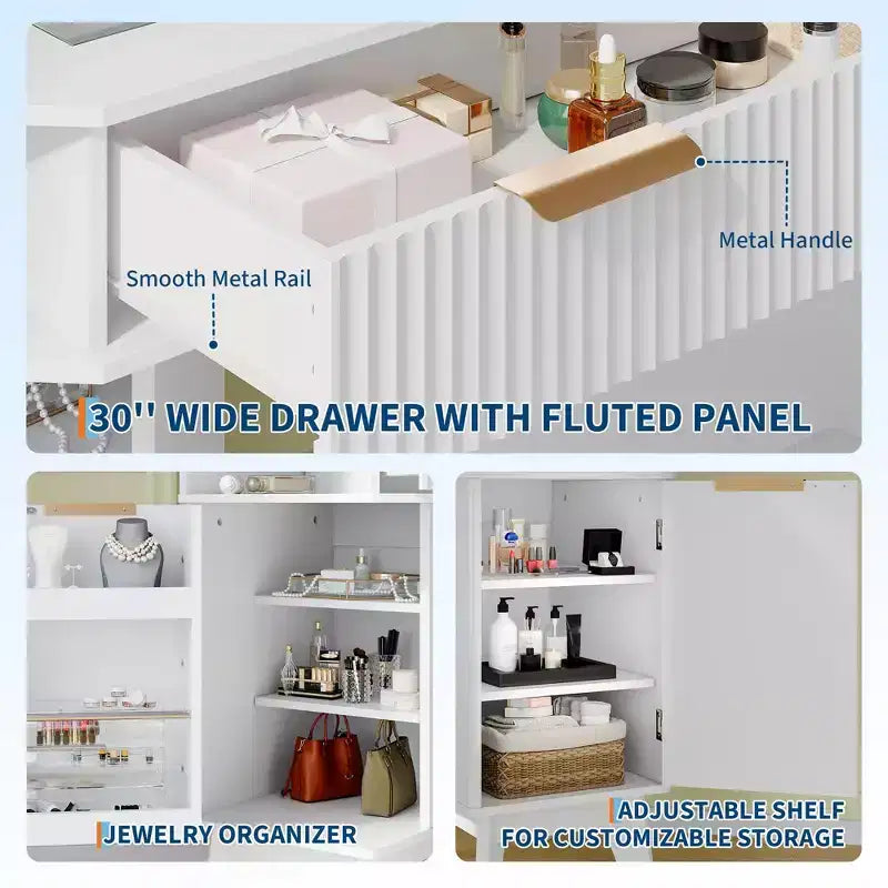 Corner Vanity Desk with Glass Top, Modern Fluted Makeup Table with Mirror & Chair, Space-Saving for Bedroom
