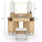 Corner Vanity Desk with Glass Top, Modern Fluted Makeup Table with Mirror & Chair, Space-Saving for Bedroom