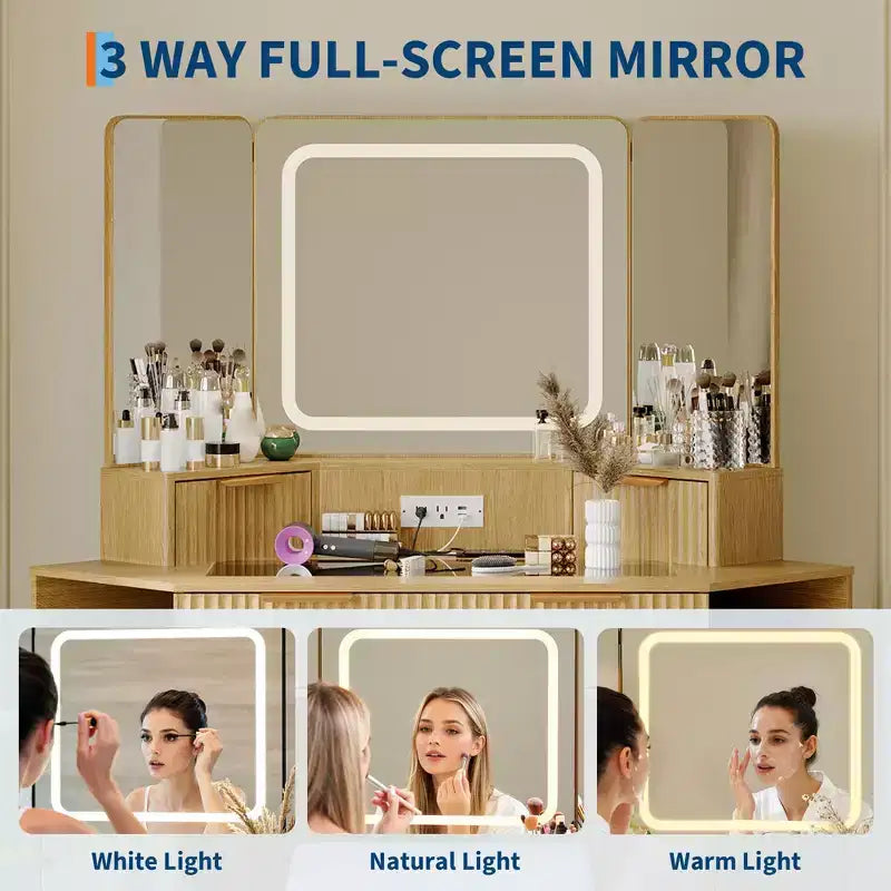 Corner Vanity Desk with Glass Top, Modern Fluted Makeup Table with Mirror & Chair, Space-Saving for Bedroom