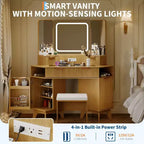 Corner Vanity Desk with Glass Top, Modern Fluted Makeup Table with Mirror & Chair, Space-Saving for Bedroom