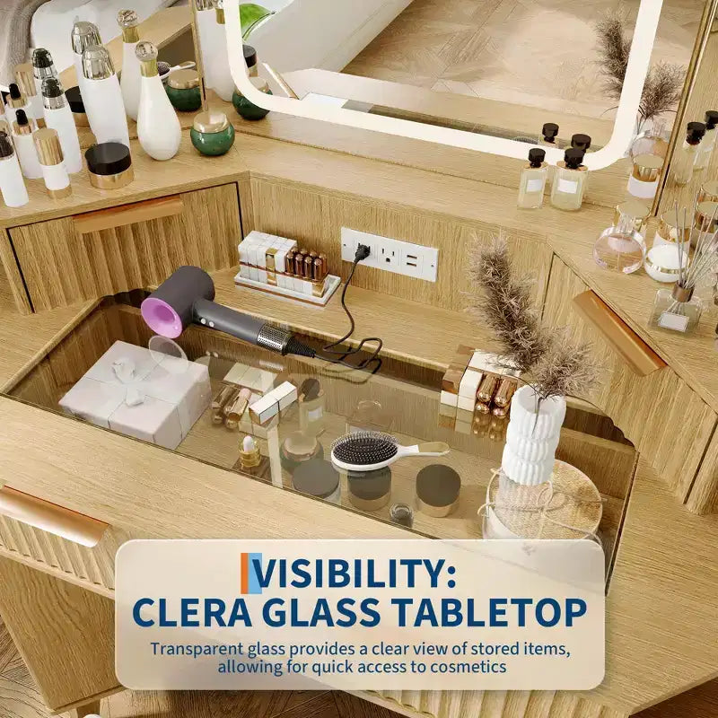Corner Vanity Desk with Glass Top, Modern Fluted Makeup Table with Mirror & Chair, Space-Saving for Bedroom