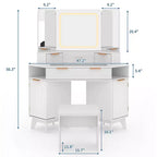 Corner Vanity Desk with Glass Top, Modern Fluted Makeup Table with Mirror & Chair, Space-Saving for Bedroom