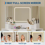 Corner Vanity Desk with Glass Top, Modern Fluted Makeup Table with Mirror & Chair, Space-Saving for Bedroom