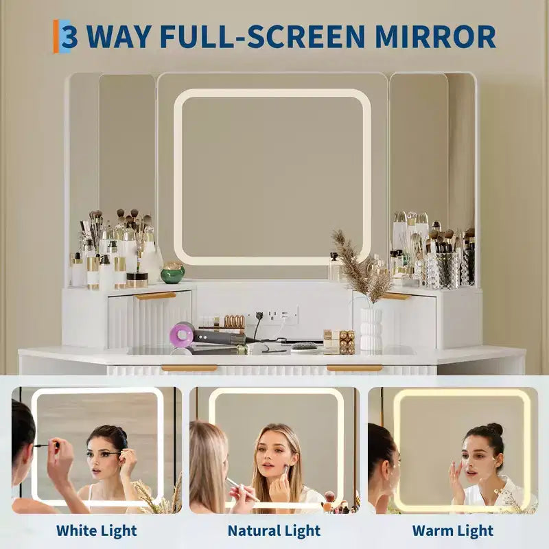 Corner Vanity Desk with Glass Top, Modern Fluted Makeup Table with Mirror & Chair, Space-Saving for Bedroom