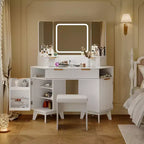 Corner Vanity Desk with Glass Top, Modern Fluted Makeup Table with Mirror & Chair, Space-Saving for Bedroom